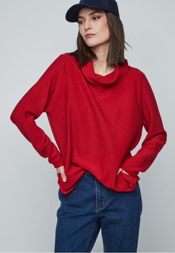 Jersey lurex textura. Cuello chimenea ROJO