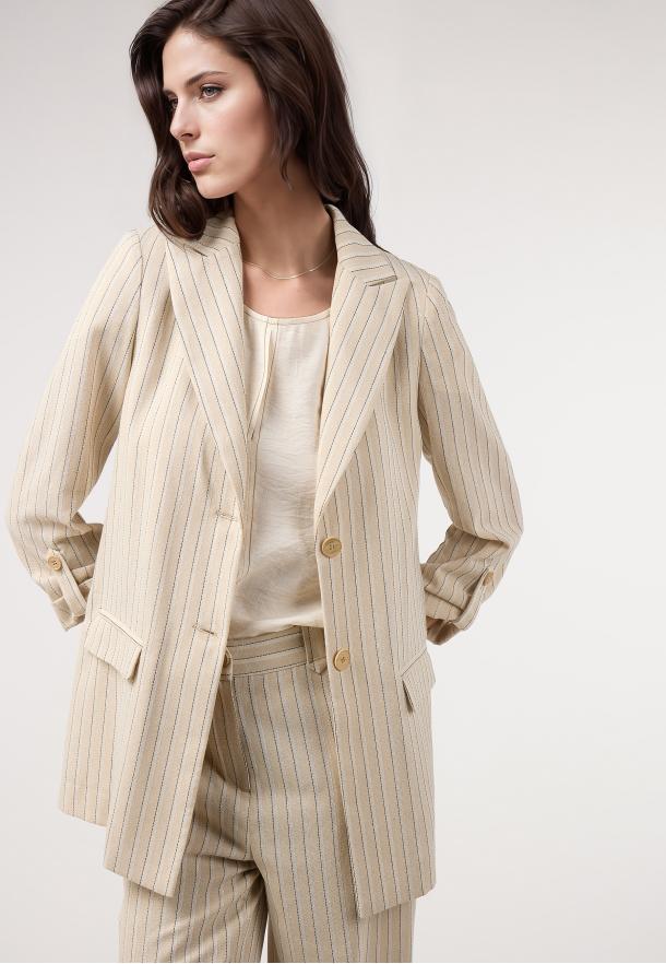 Blazer rayas lino. Traje BEIGE