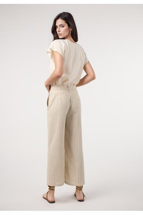 Pantalón culotte rayas lino. Traje BEIGE