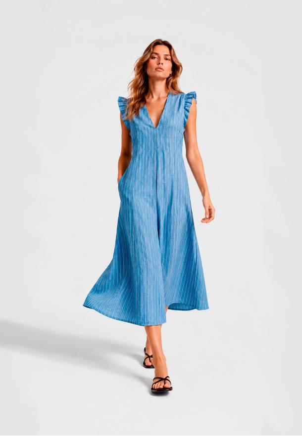 Vestido rayas bicolor pliegue escote AZUL