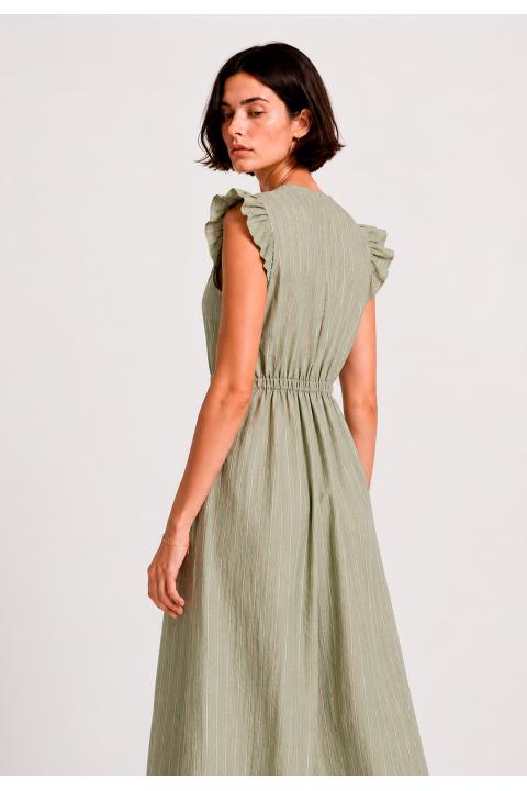 Vestido rayas bicolor pliegue escote VERDE