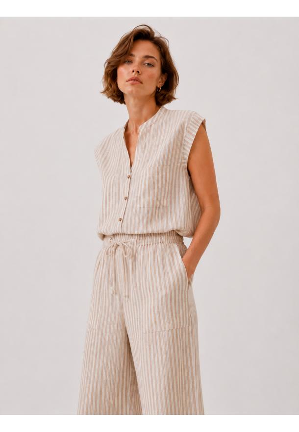 Pantalón cargo rayas finas largo fluido BEIGE