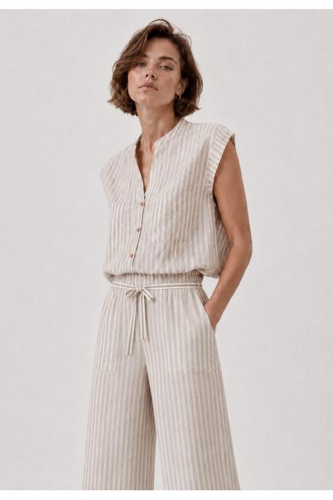 Pantalón cargo rayas finas largo fluido BEIGE