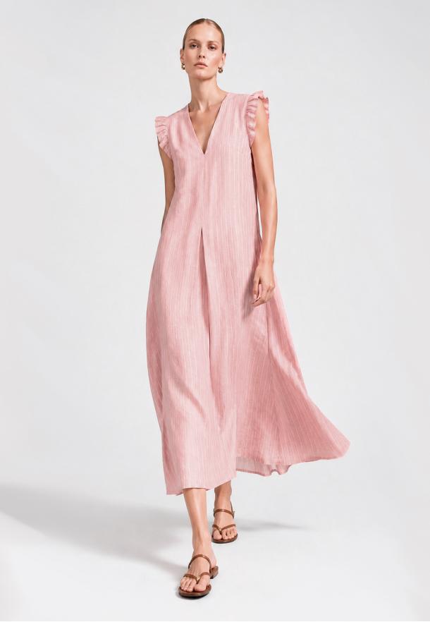 Vestido rayas bicolor pliegue escote ROSA