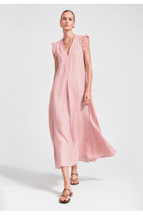 Vestido rayas bicolor pliegue escote ROSA