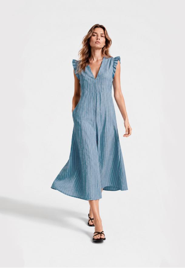 Vestido rayas bicolor pliegue escote AZUL