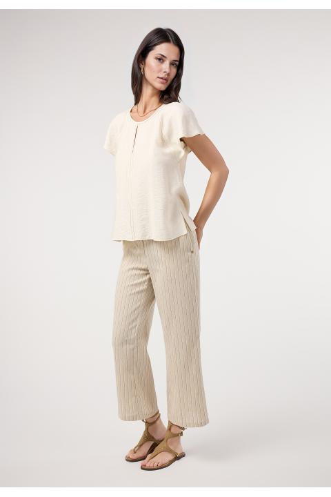 Pantalón culotte rayas lino. Traje BEIGE