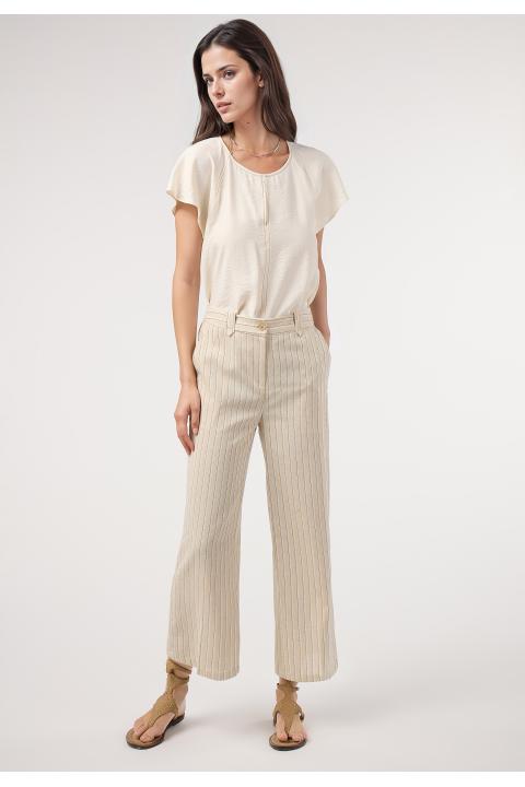 Pantalón culotte rayas lino. Traje BEIGE