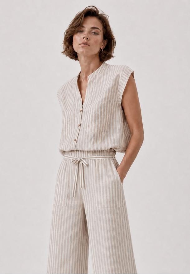 Pantalón cargo rayas finas largo fluido BEIGE
