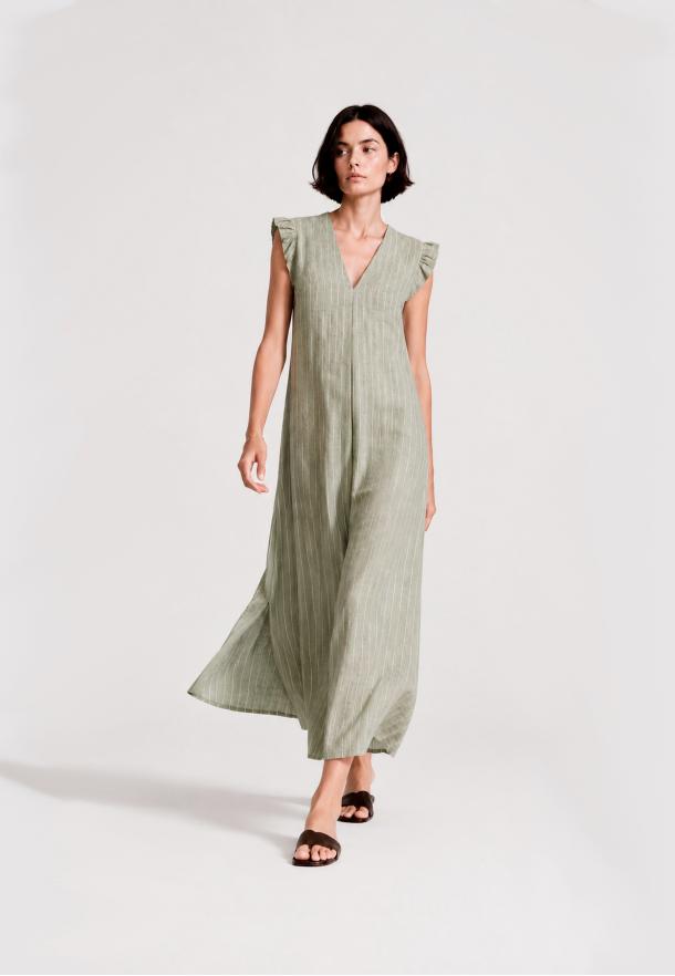 Vestido rayas bicolor pliegue escote VERDE