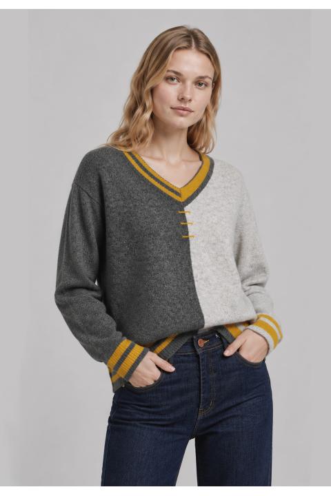 Sweater V-neck contrast GRIS