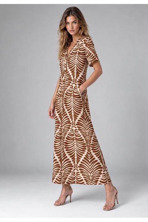 Dress printed leaves MARRON